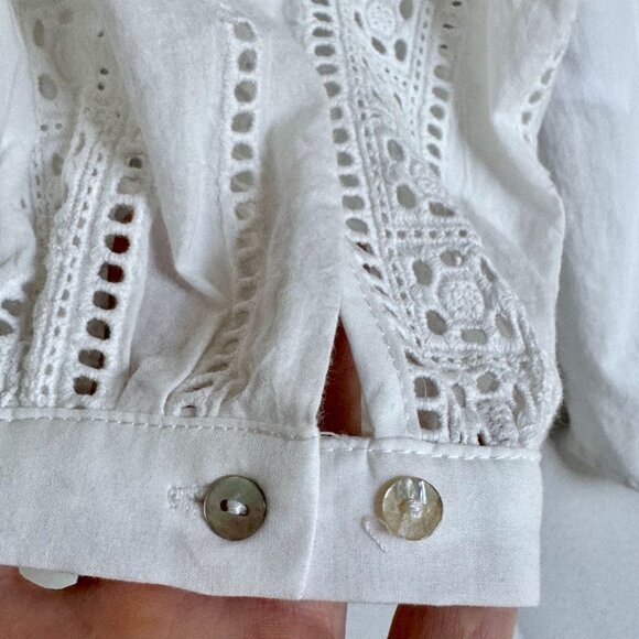 Maye The Fleur Cotton White Eyelet Embroidered 3/4 Ballon Sleeve Blouse Small - Picture 8 of 14